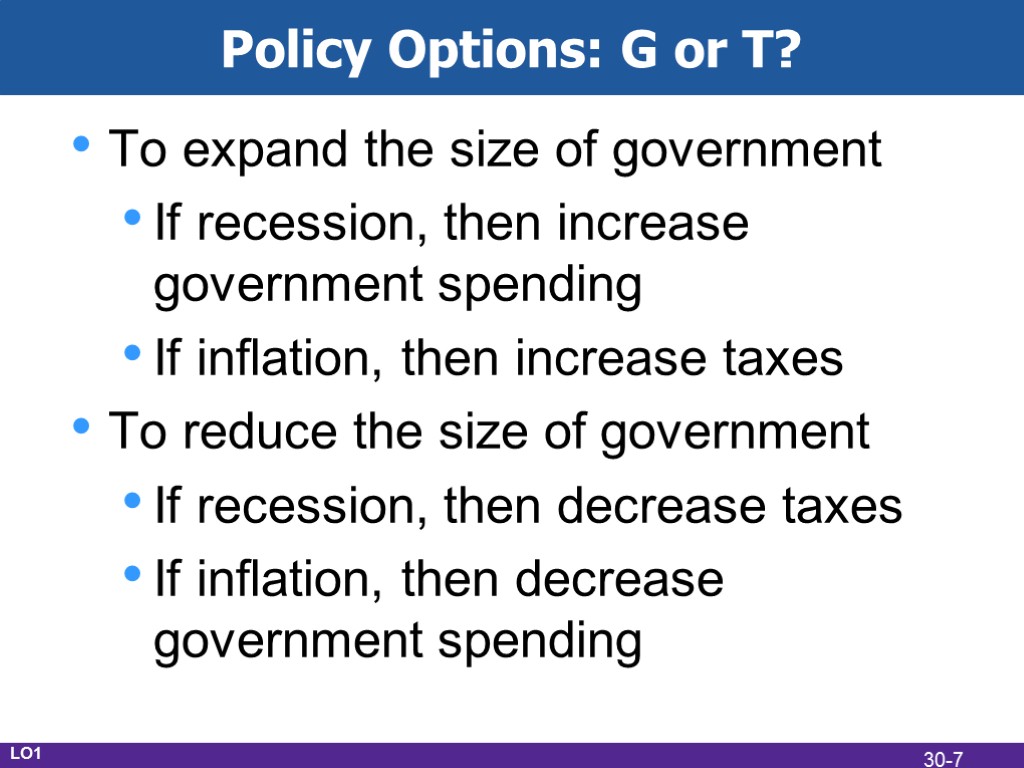 Policy Options: G or T? To expand the size of government If recession, then